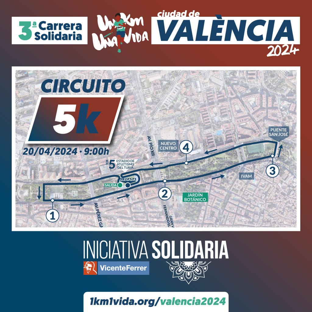 Recorrido 5k - Carrera Solidaria 1km1vida Ciudad de València 2024