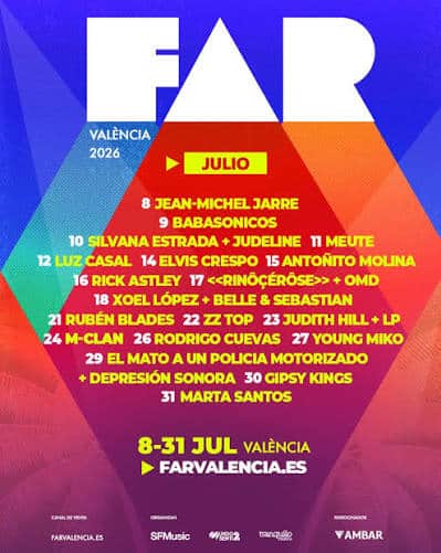 Cartel de conciertos FAR Valencia durante julio de 2026