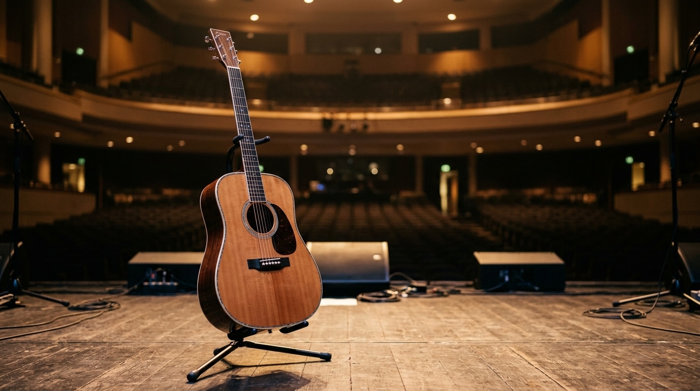 Guitarra acústica sobre un soporte en un escenario vacío antes de un concierto.