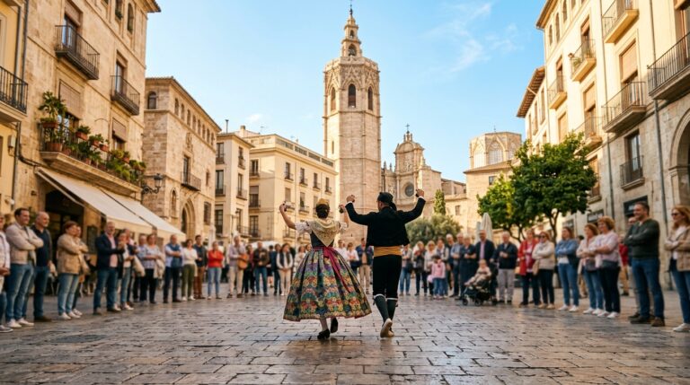 Pareja con trajes regionales valencianos bailando en una plaza del centro de València con el Micalet al fondo y público alrededor.