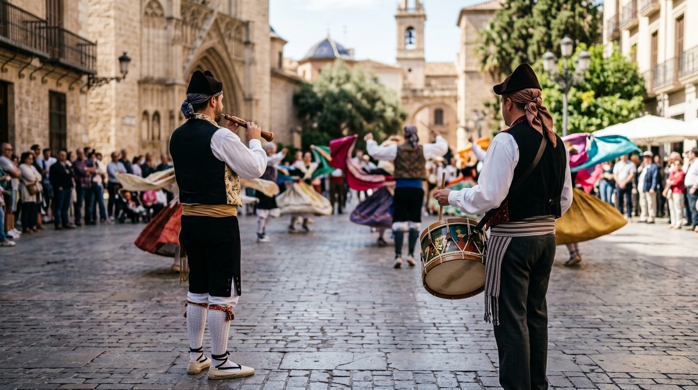 Músicos con dulzaina y tamboril tocando en una plaza de València mientras bailan parejas con trajes tradicionales.