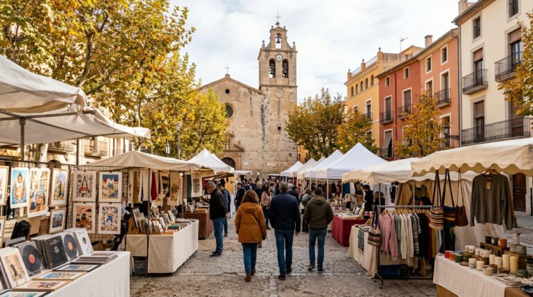 Puestos de mercadillo de arte y artesanía en una plaza de barrio con iglesia y árboles de otoño.