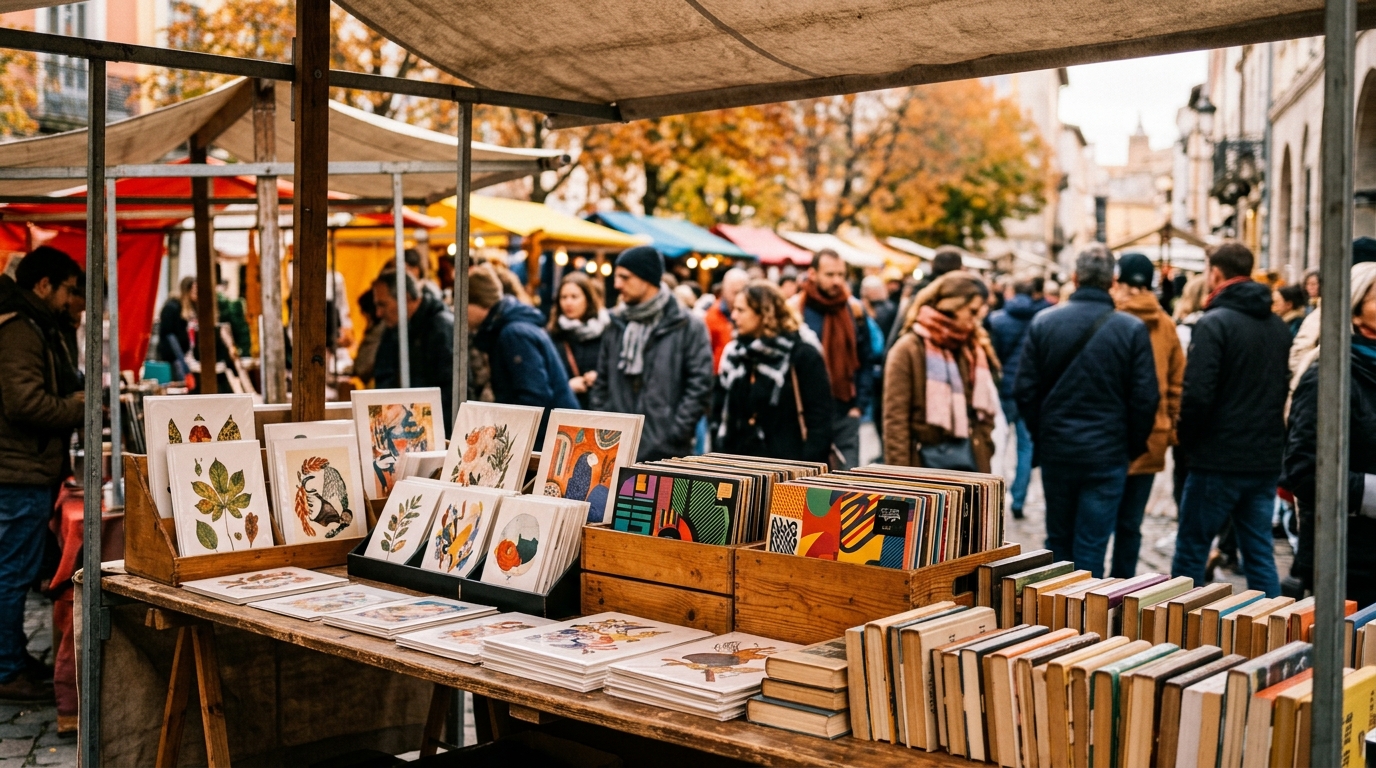 Puesto con láminas ilustradas, vinilos y libros en un mercadillo al aire libre en otoño.
