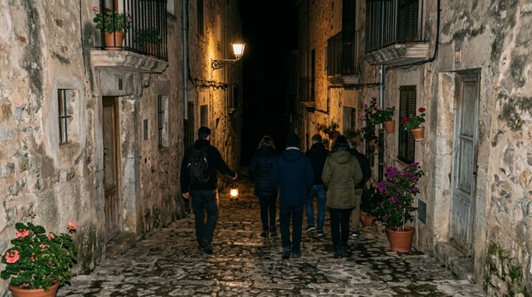 Grupo de personas de espaldas siguiendo a un guía con una linterna por un callejón empedrado de noche.