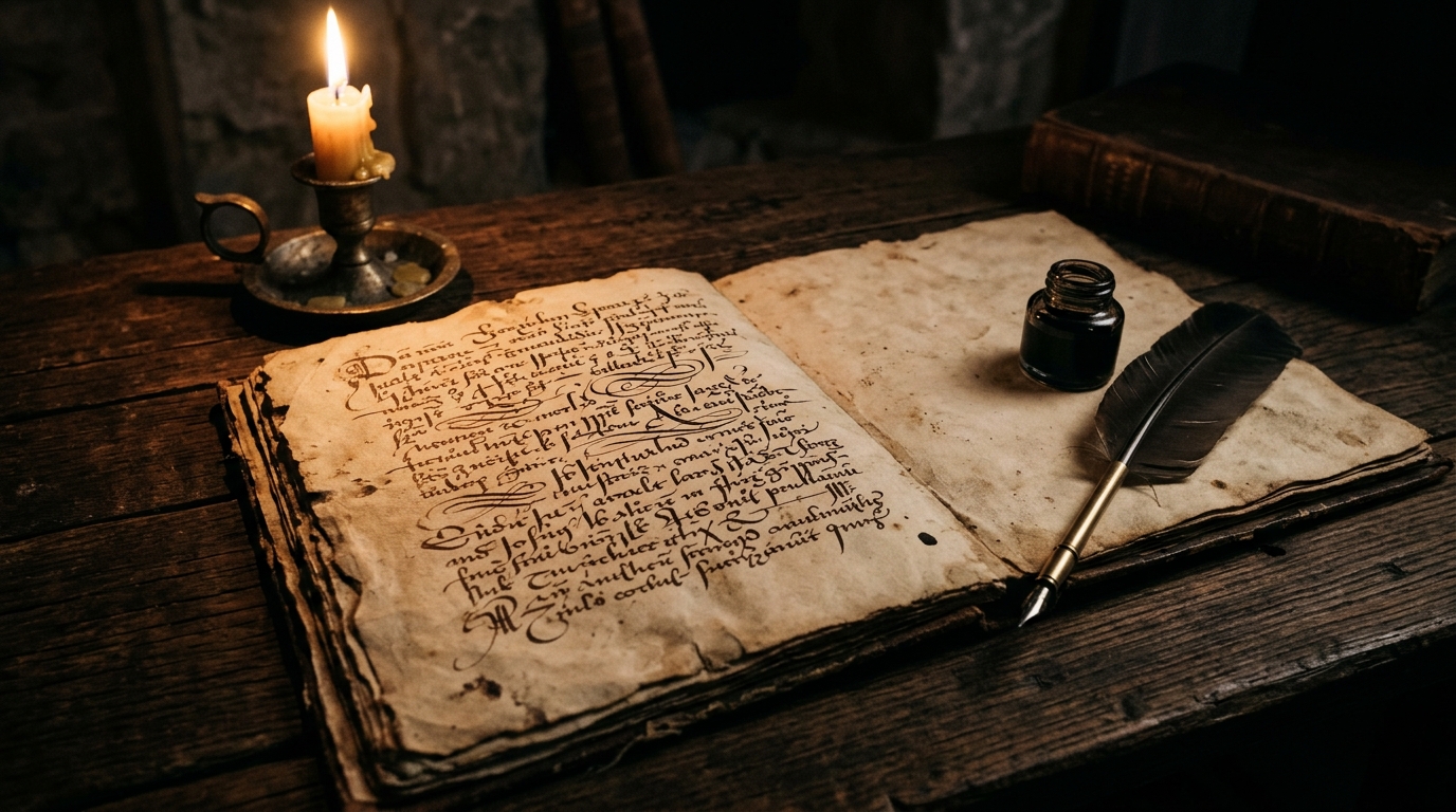 Manuscrito antiguo sobre una mesa de madera a la luz de una vela con una pluma y un tintero.
