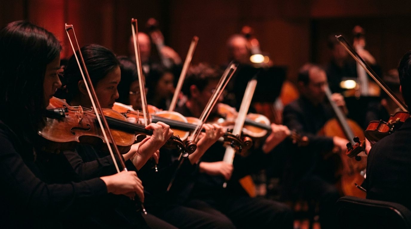 Violinistas de una orquesta tocando con luz tenue y roja durante un concierto.