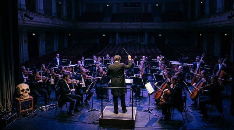 Orquesta sinfónica dirigida por un director de espaldas en un auditorio con luz azul y violeta y una calavera decorativa en el escenario.