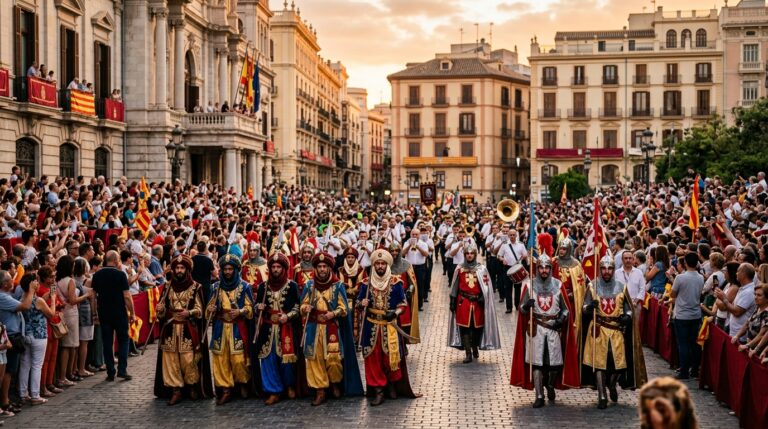 Desfile de Moros y Cristianos con escuadras y banda de música por una calle del centro de València.