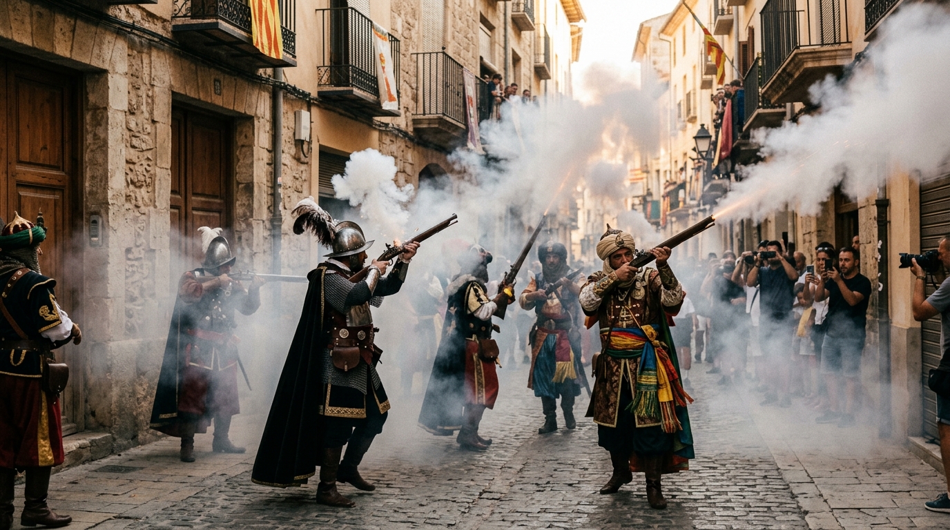 Festeros disparando arcabuces con humo de pólvora durante un desfile en València.