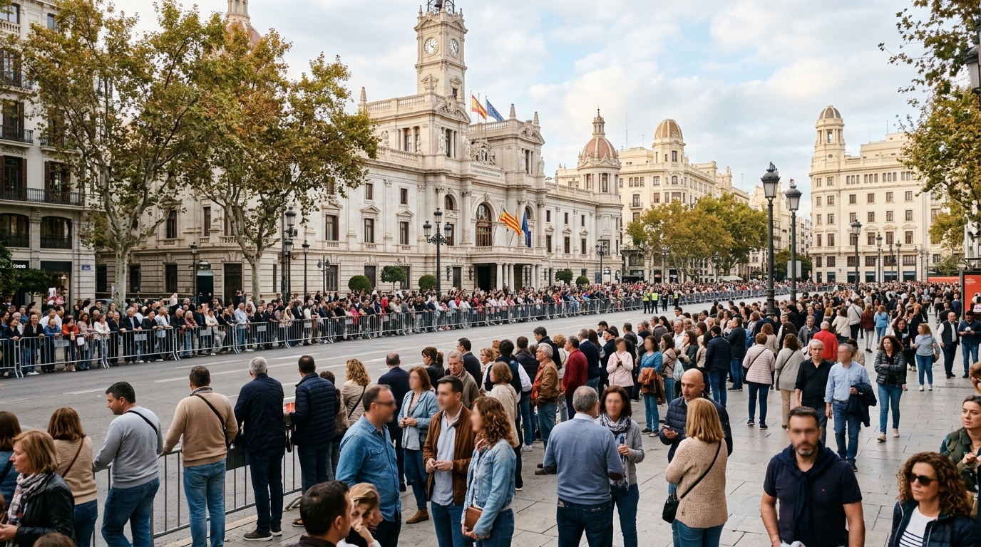 Público esperando el desfile en la Plaza del Ayuntamiento de València.
