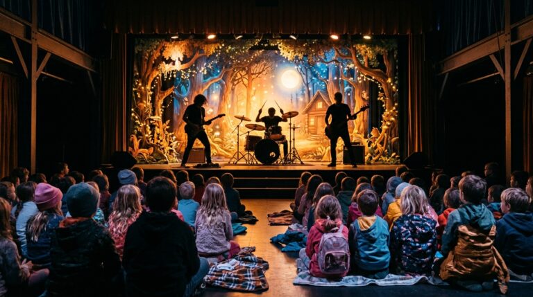 Escenario infantil con decorado de bosque de cuento y una banda de rock en silueta ante niños sentados en el suelo.