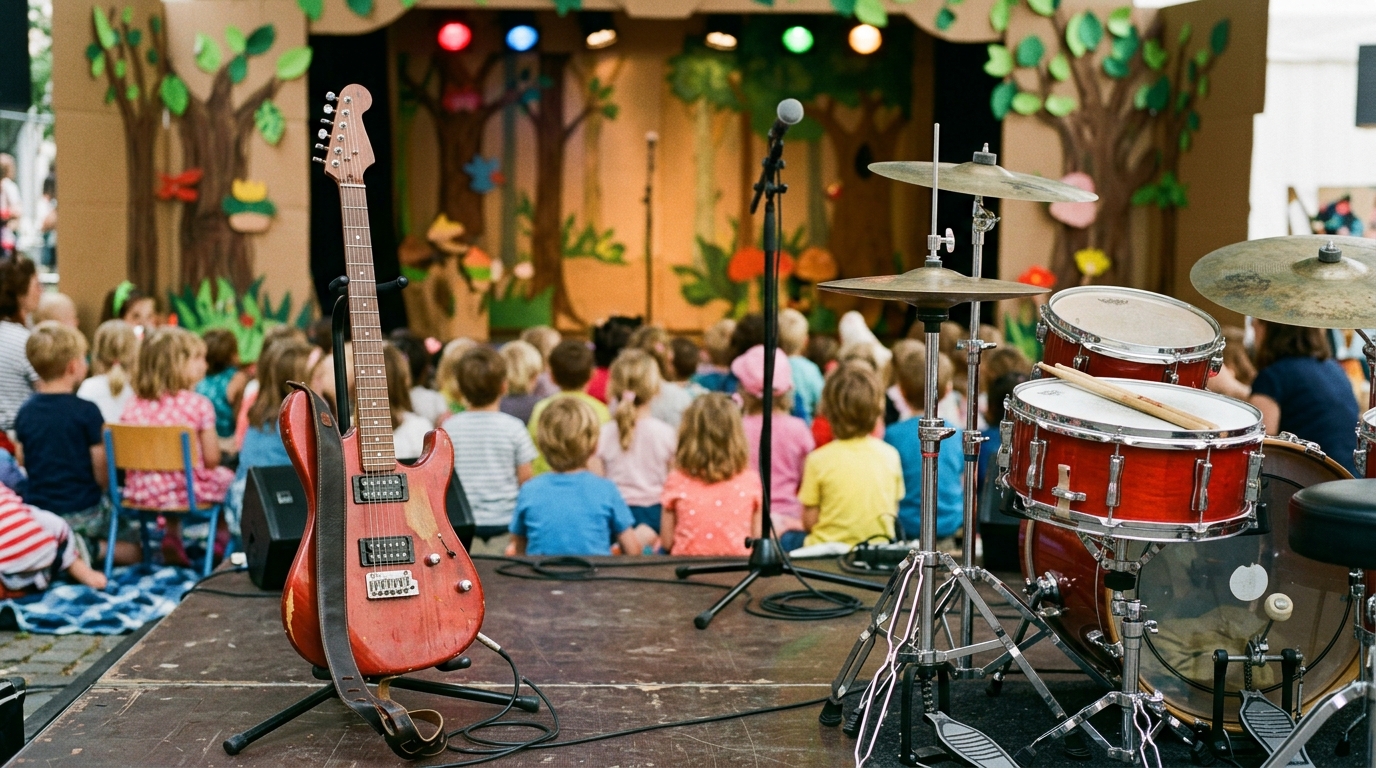 Guitarra eléctrica y batería en un escenario con decorado de bosque de cartón ante público infantil.