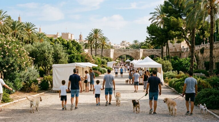 Familias paseando con sus perros entre carpas blancas en un jardín con palmeras y un puente de piedra.