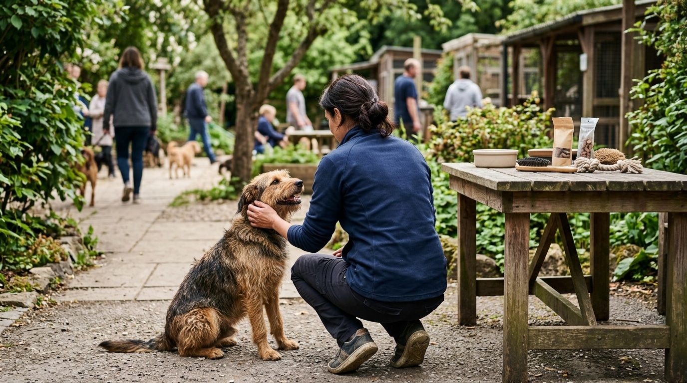 Persona acariciando a un perro mestizo junto a una mesa de una protectora en un jardín.