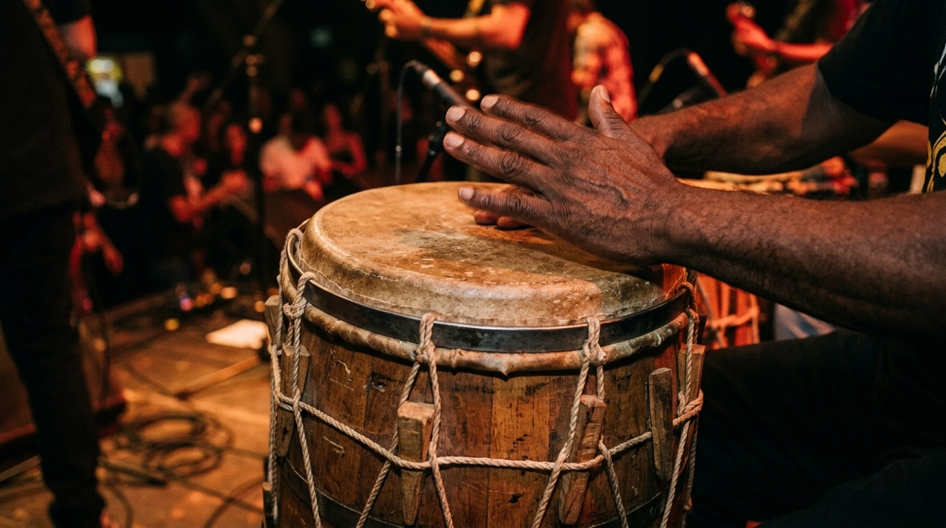 Manos tocando un tambor de candombe durante un concierto.