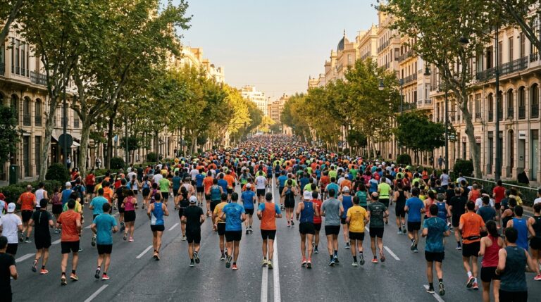 Gran grupo de corredores vistos de espaldas por una avenida arbolada de Valencia al amanecer.