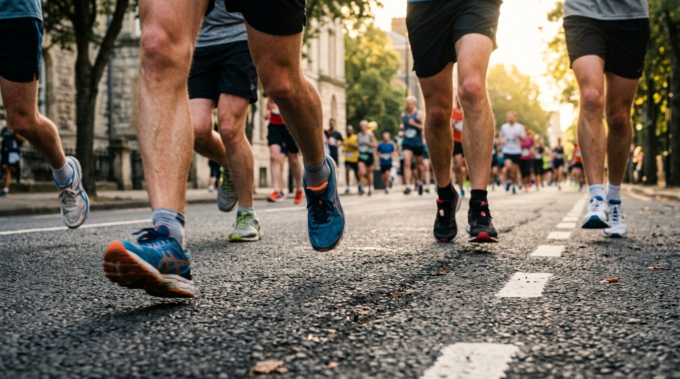Zapatillas de running de varios corredores sobre el asfalto de una calle de la ciudad.