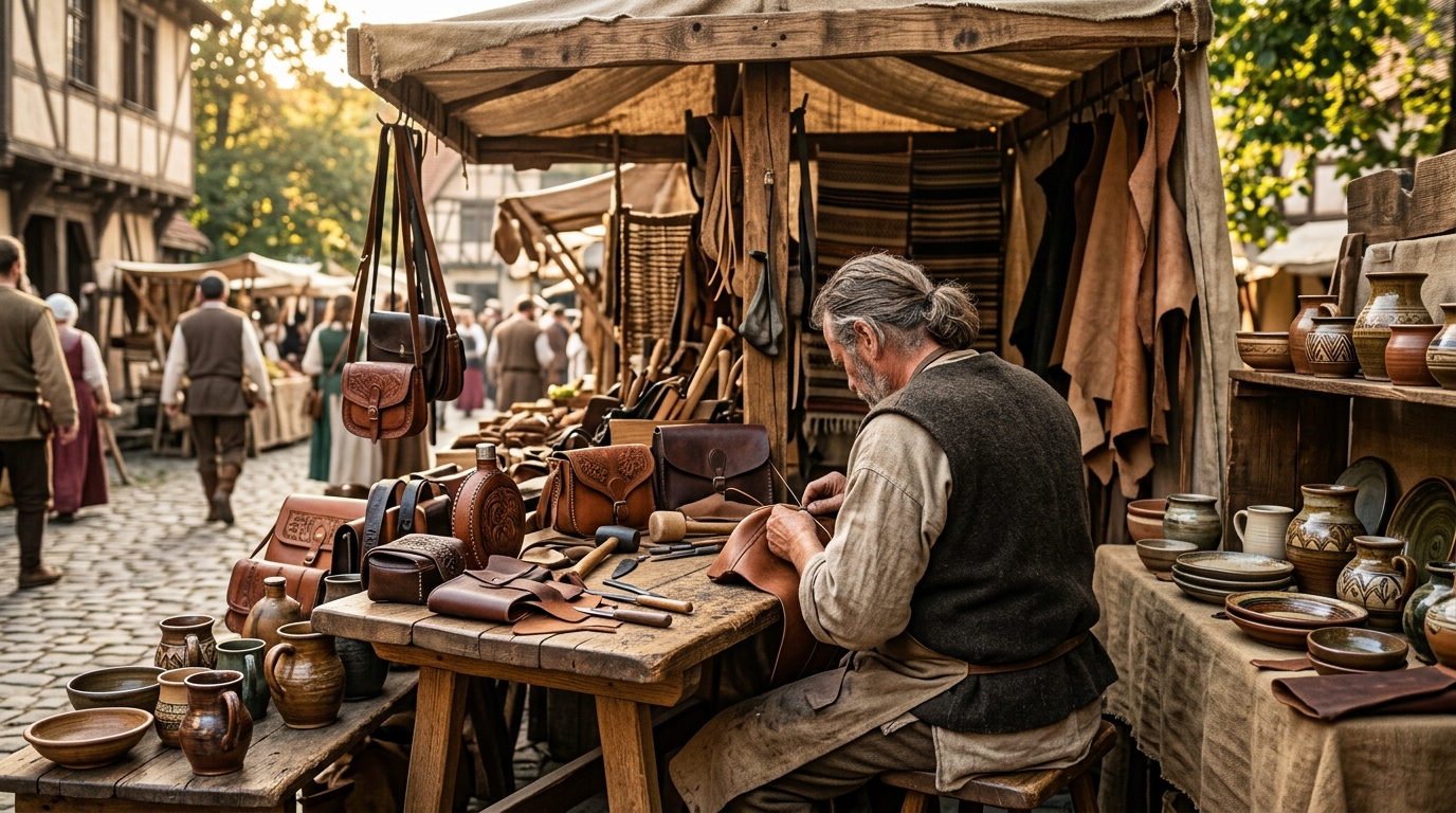 Artesano trabajando el cuero en un puesto de mercado medieval junto a piezas de cerámica.