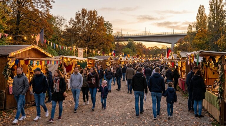 Visitantes paseando entre los puestos de un mercado medieval al aire libre al atardecer, con guirnaldas de luces y banderines.