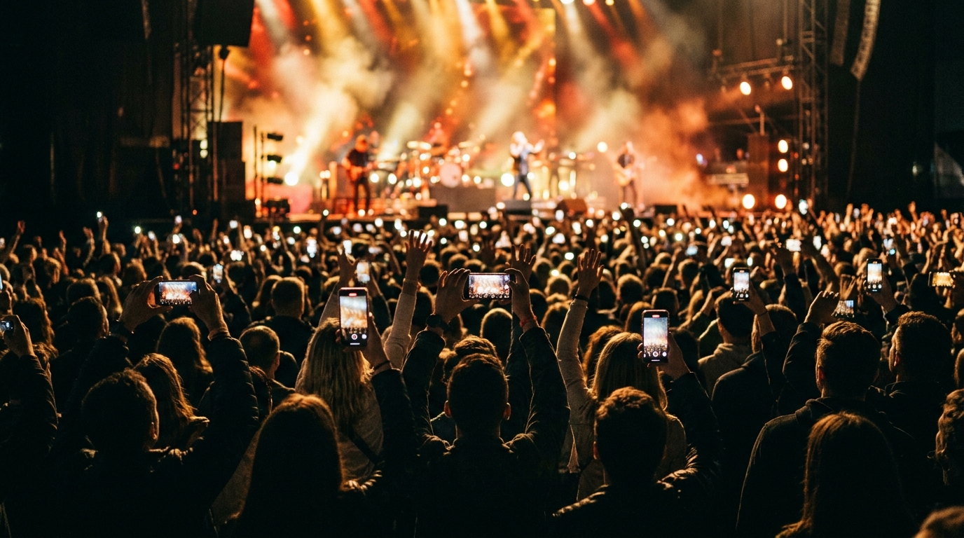 Público con móviles y linternas alzados frente a un escenario iluminado durante un concierto.