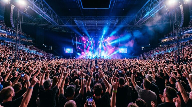 Público con las manos en alto en un gran pabellón de conciertos bajo luces de escenario azules y rosas.