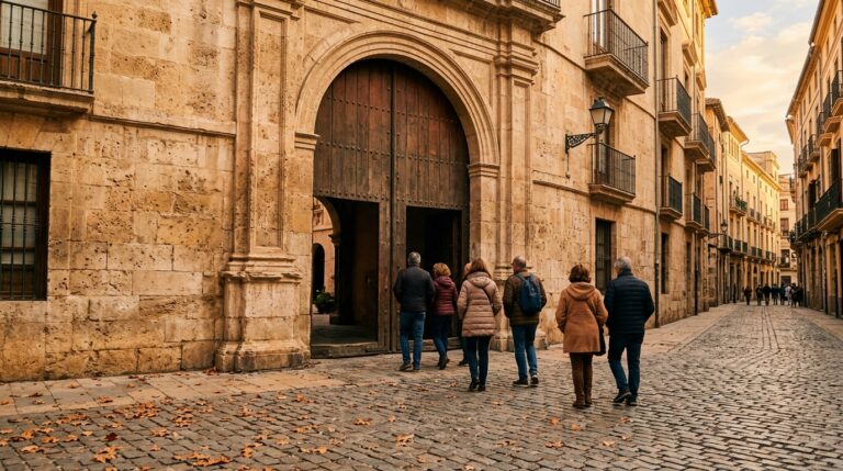 Pequeño grupo de visitantes entrando por un gran portón de madera de un edificio histórico del casco antiguo de Valencia.