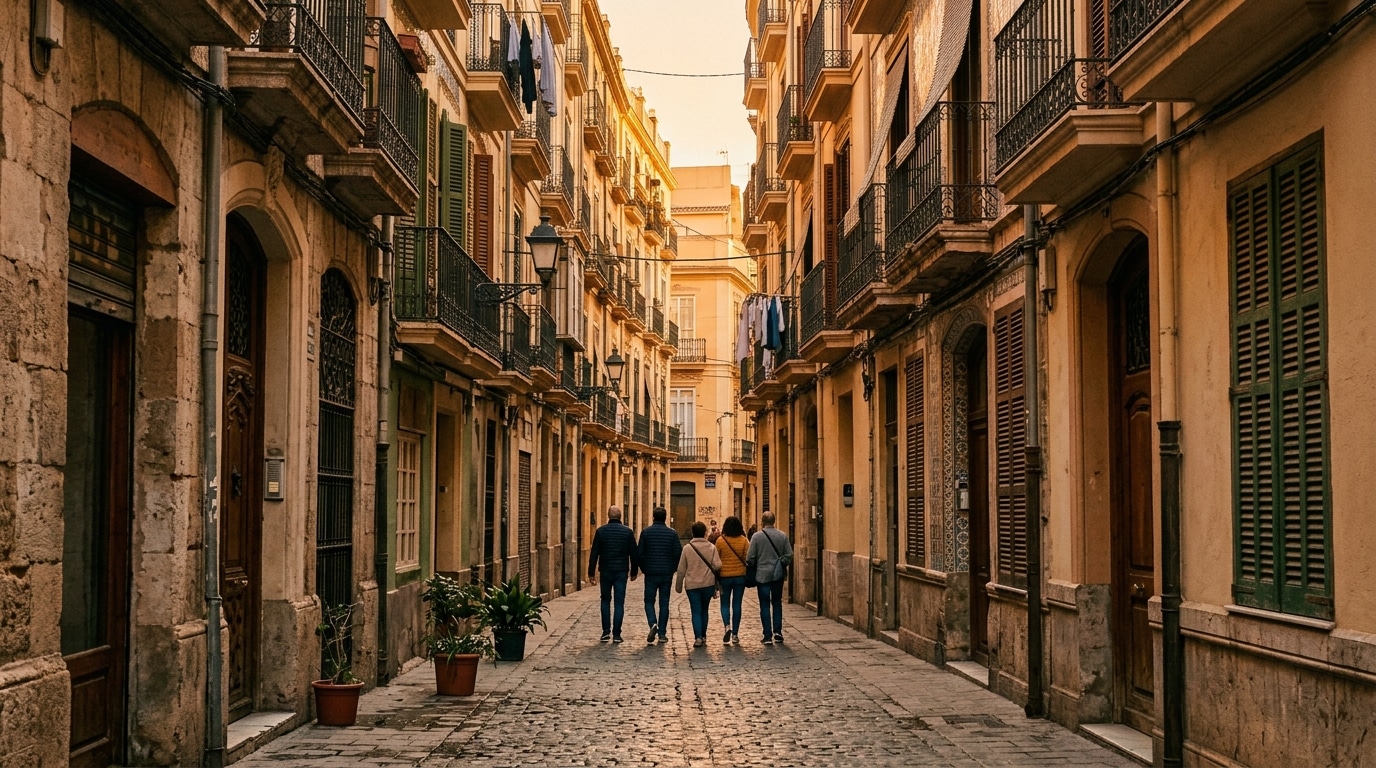 Personas paseando por una calle estrecha del casco antiguo de Valencia con fachadas y balcones de hierro forjado.