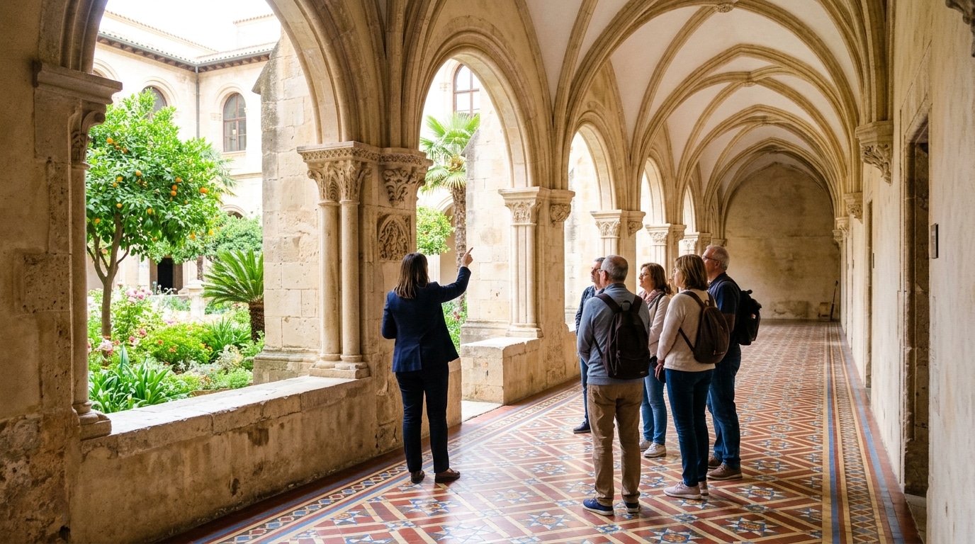 Guía mostrando la arquitectura de un claustro con suelo de mosaico a un grupo de visitantes.