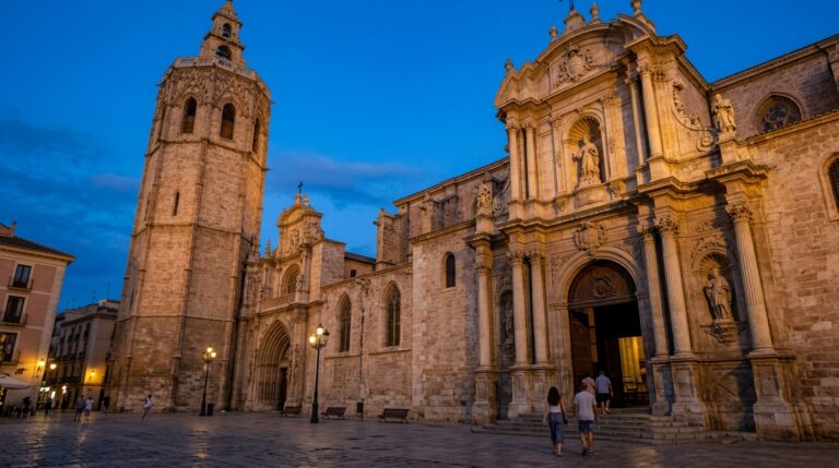 Exterior de la Catedral de València al atardecer, con la torre del Miguelete y una portada barroca.