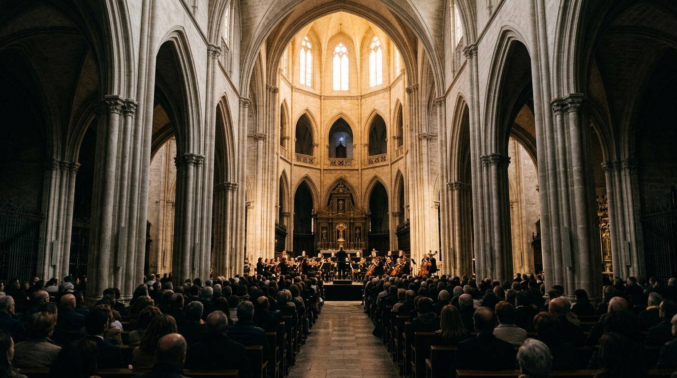 Interior gótico de la Catedral de València con una orquesta tocando ante el público.