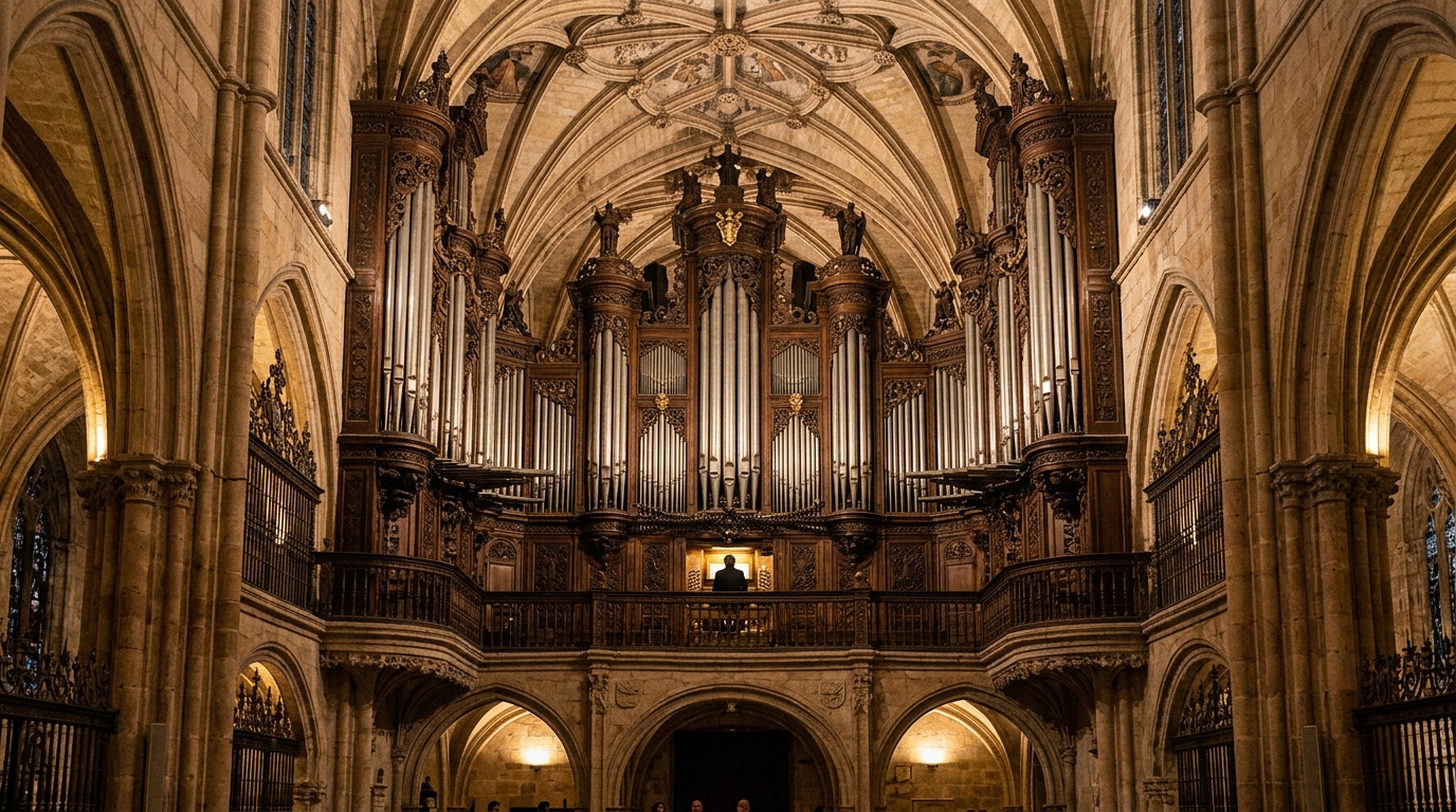 Órgano de tubos monumental en una catedral gótica con el organista de espaldas.