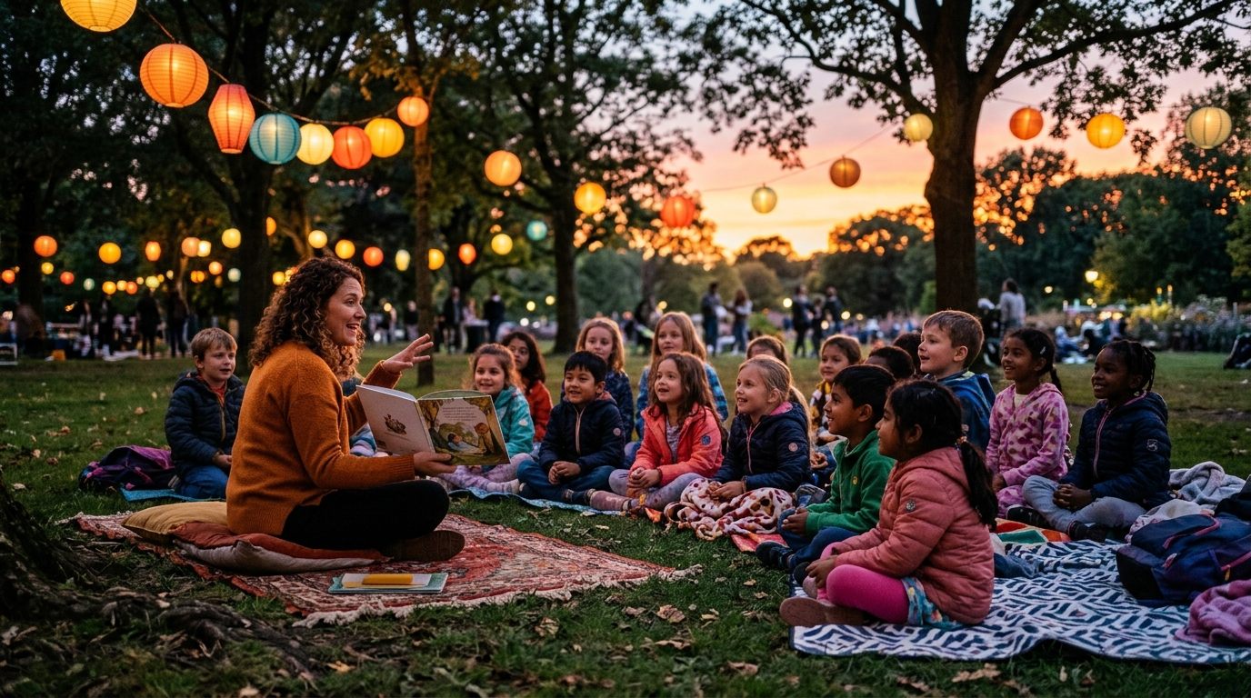 Niños sentados en el suelo de un parque escuchando un cuento entre farolillos de colores al atardecer.