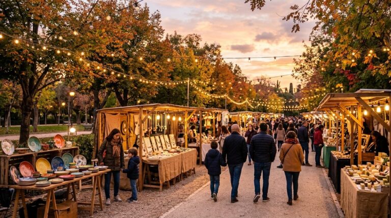 Mercado artesanal al aire libre en un parque de Valencia al atardecer con puestos de madera y guirnaldas de luces.