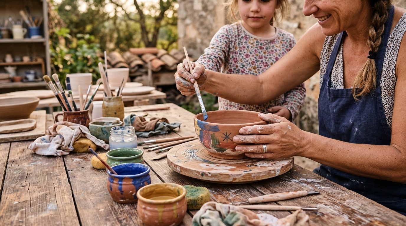 Niña y adulta decorando juntas una pieza de cerámica en un taller al aire libre.