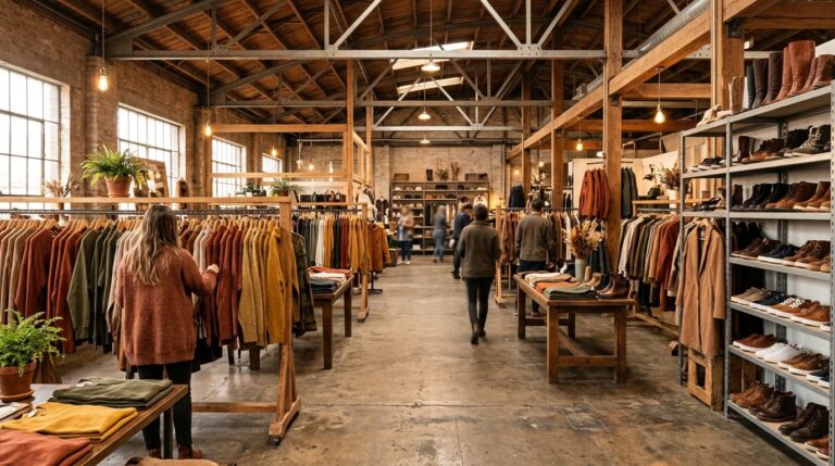 Interior de un amplio almacén convertido en tienda de ropa con perchas de prendas de otoño y estanterías de calzado.