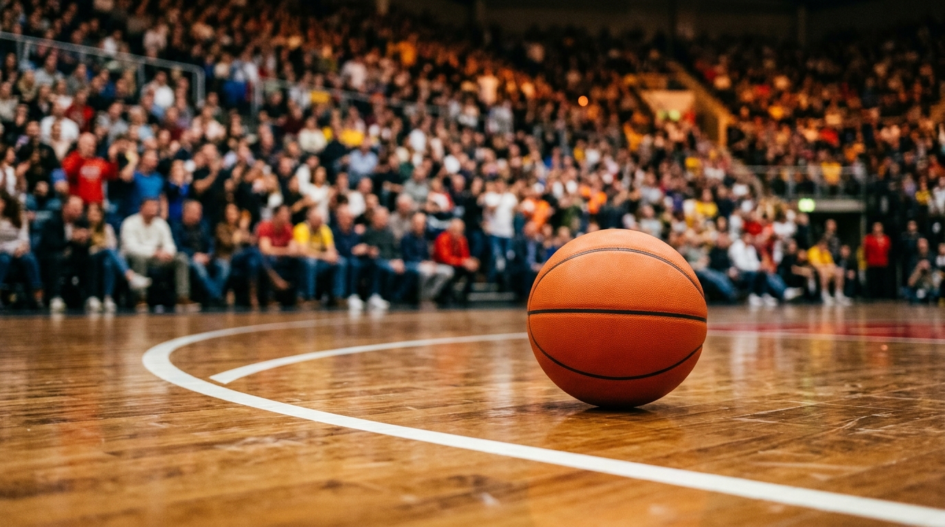 Balón de baloncesto sobre el parqué junto a la línea de tres puntos con la grada al fondo.