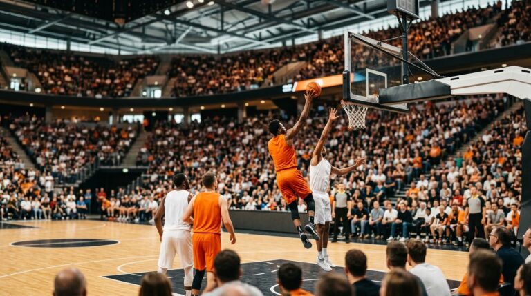 Jugador con camiseta naranja lisa saltando hacia la canasta en un gran pabellón de baloncesto lleno de público.