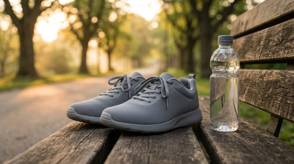 Zapatillas de correr y una botella de agua sobre un banco al amanecer.