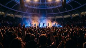 Público en un concierto en un gran pabellón con seis músicos en el escenario a lo lejos.