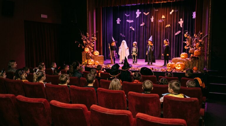 Niños con disfraces de Halloween en una sala de teatro mirando un escenario con calabazas y murciélagos de papel.
