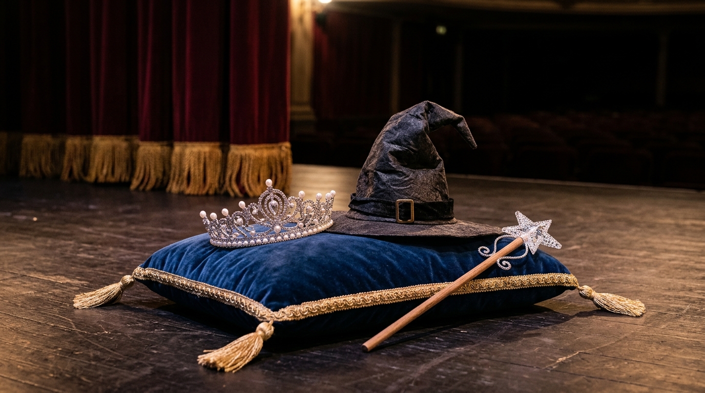 Corona de princesa, sombrero de bruja y varita sobre un cojín de terciopelo en el escenario de un teatro.