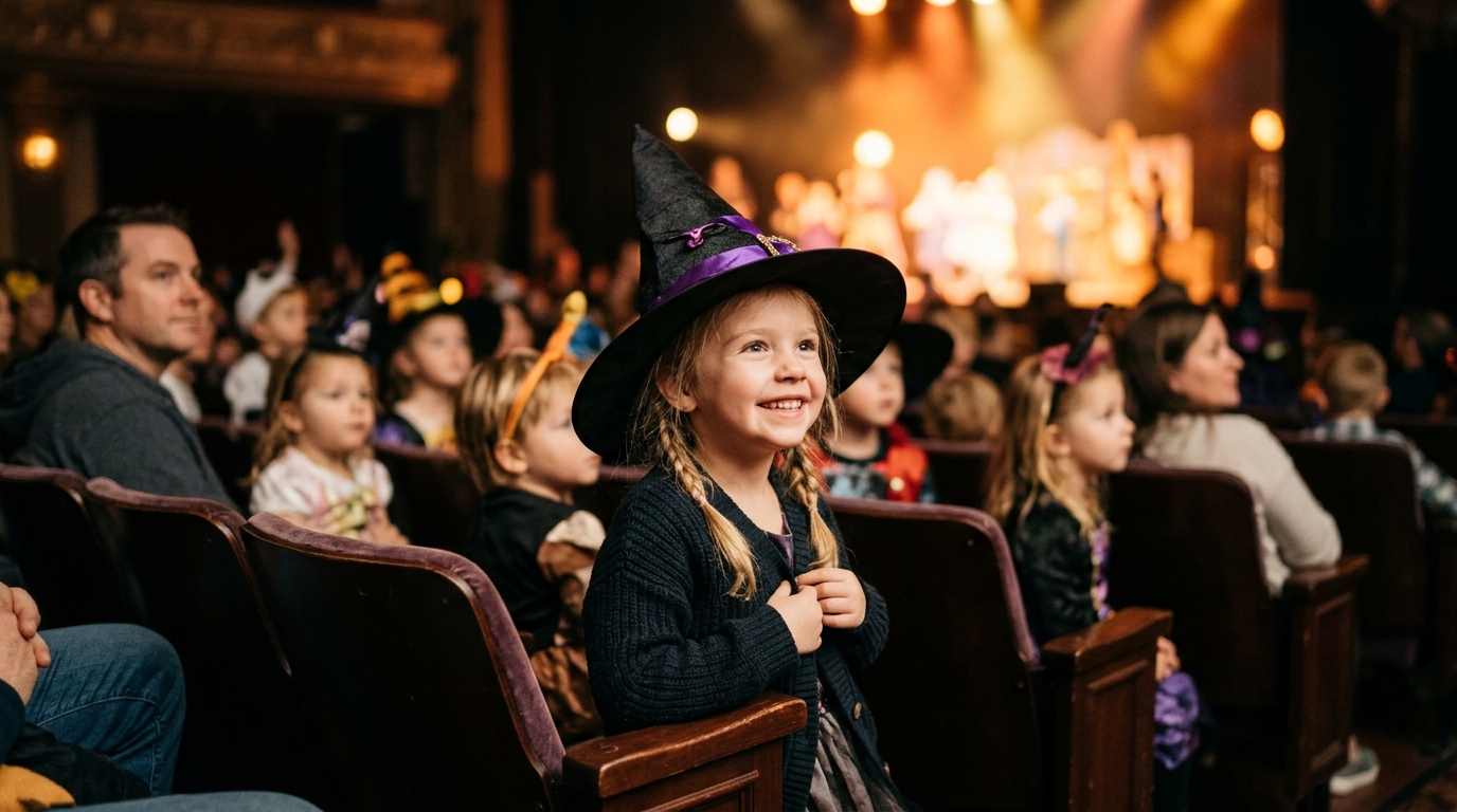 Niña con sombrero de bruja sonriendo entre el público de un teatro durante un espectáculo infantil.